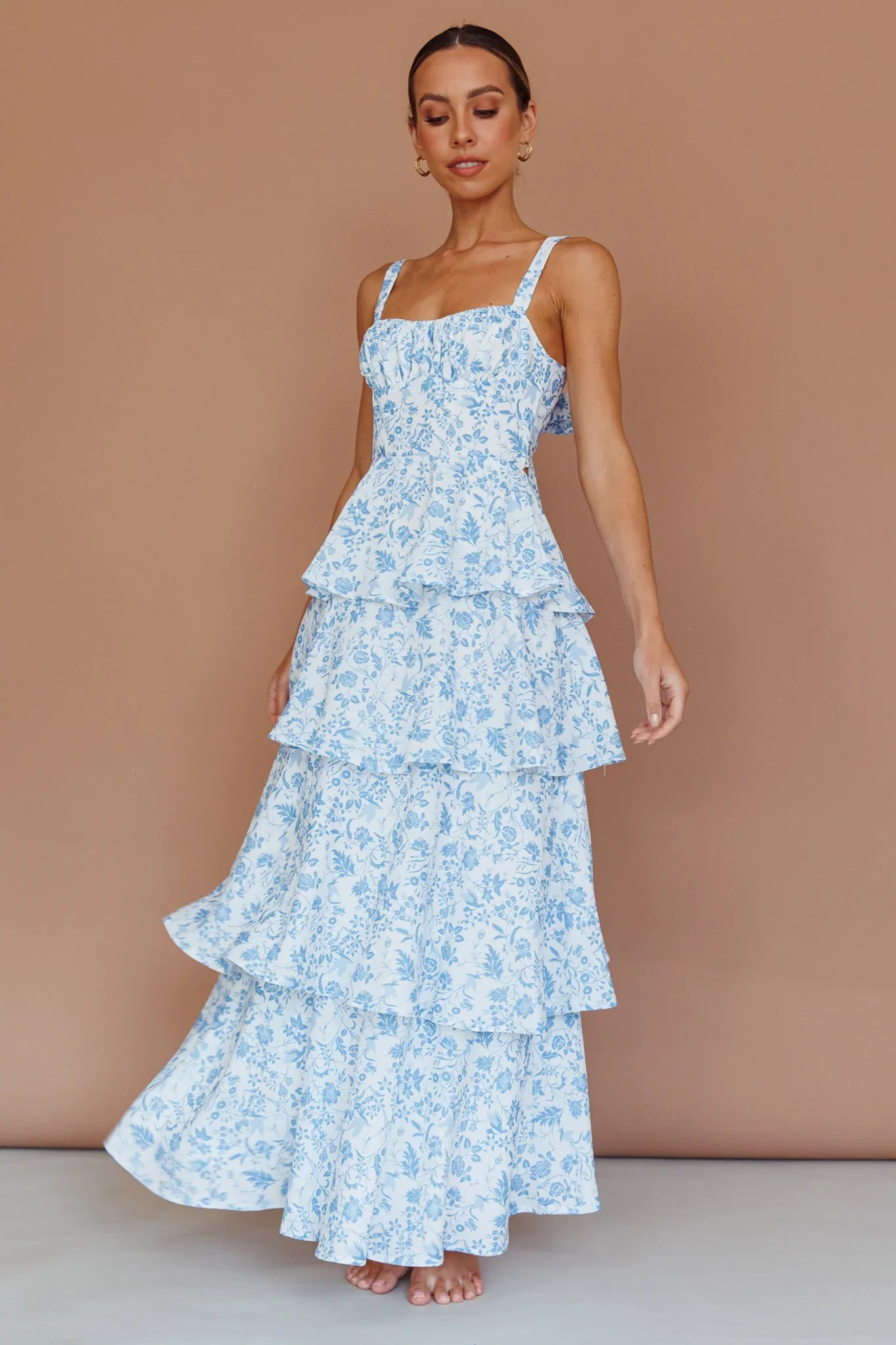 Molly Maxi Dress Blue Floral Tiered Dress with Bow