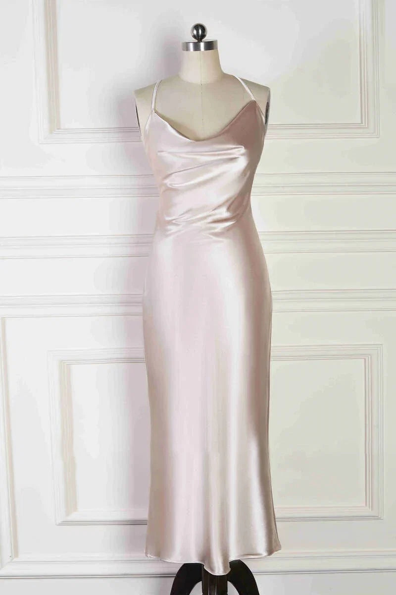 Spaghetti Straps Cowl Neck Tea Length Champagne Sheath Bridesmaid Dress