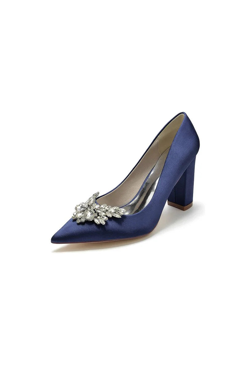 Satin Pointed Toe Slip on Chunky Heels With Rhinestone