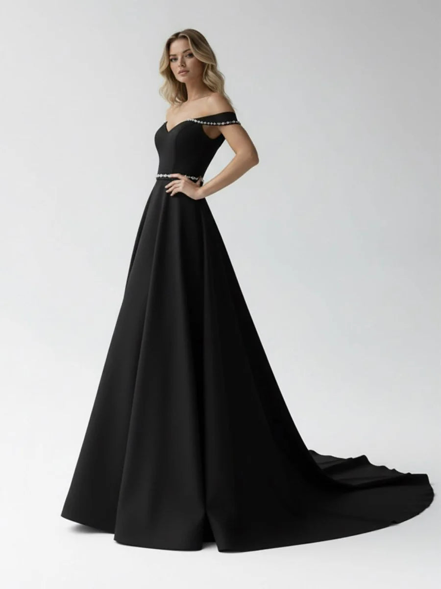 A Line Off the Shoulder Beaded Wedding Dress