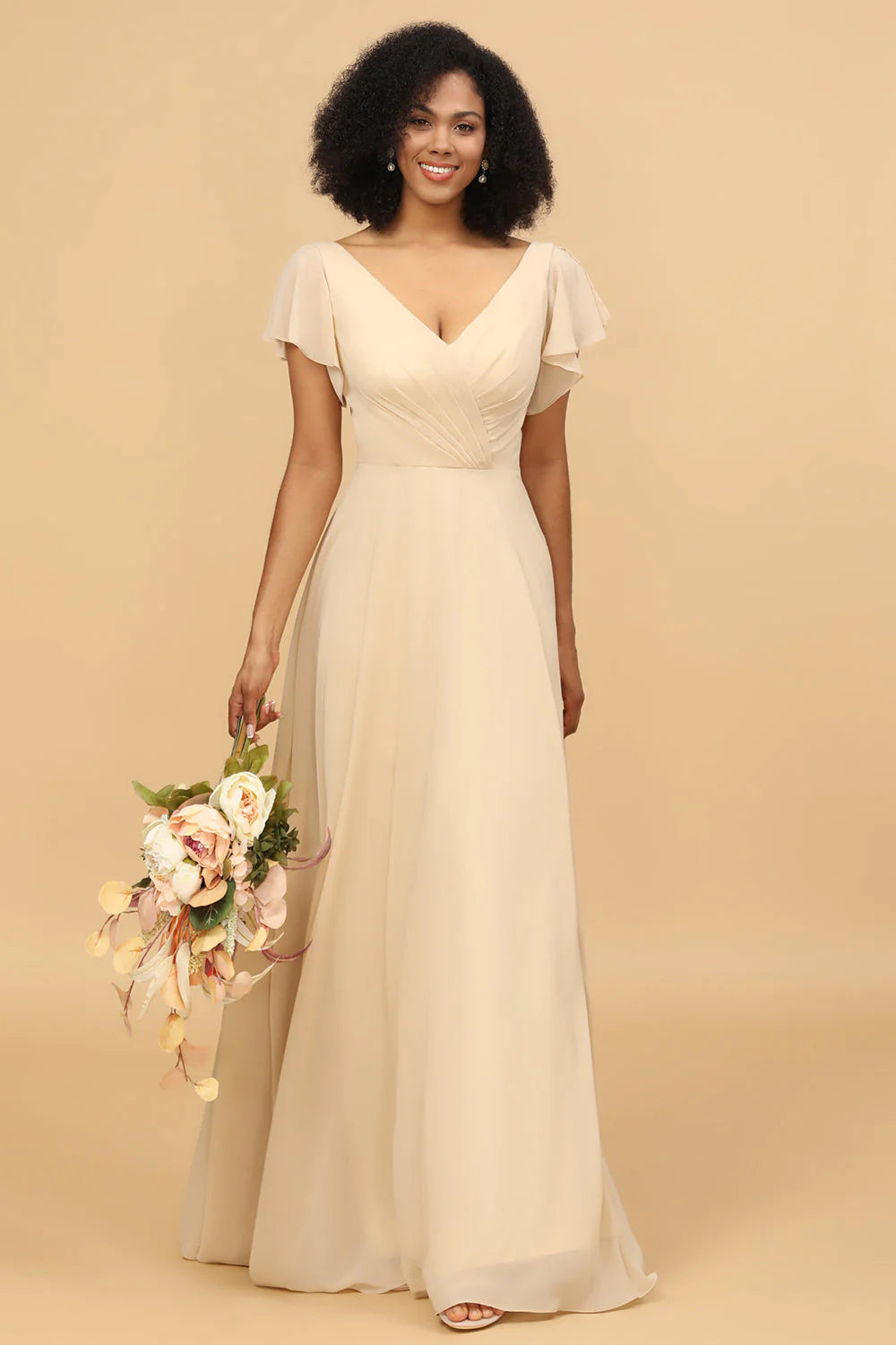 Champagne A Line Long Chiffon Bridesmaid Dress with Cap Sleeves