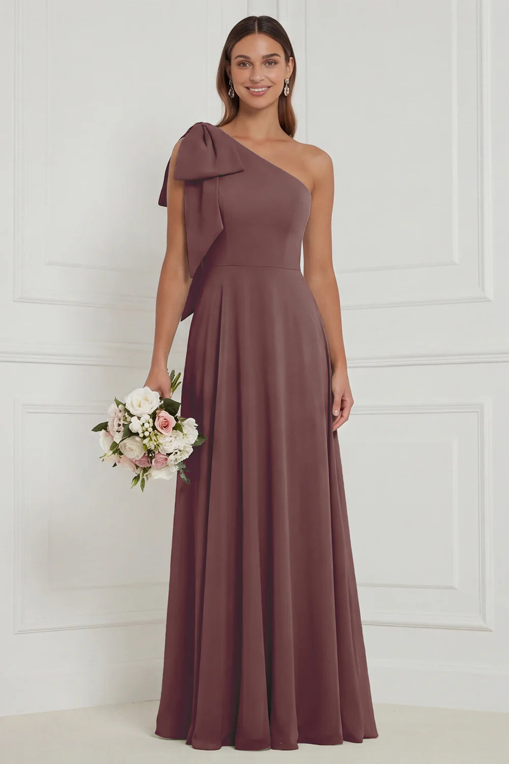 One Shoulder Bow A Line Sage Bridesmaid Dress with Lace up Back