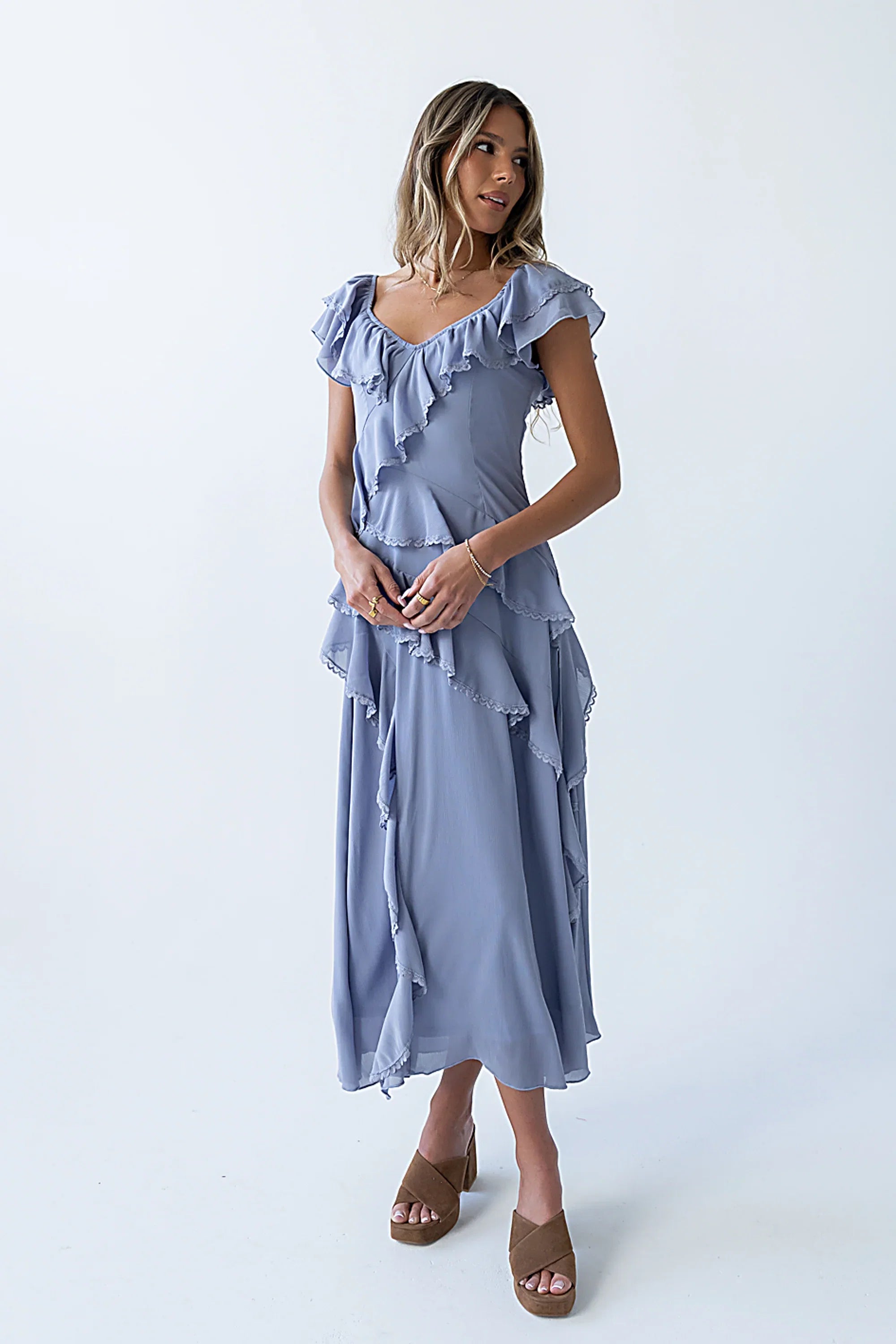 Quinton Ruffle Maxi Dress in Blue