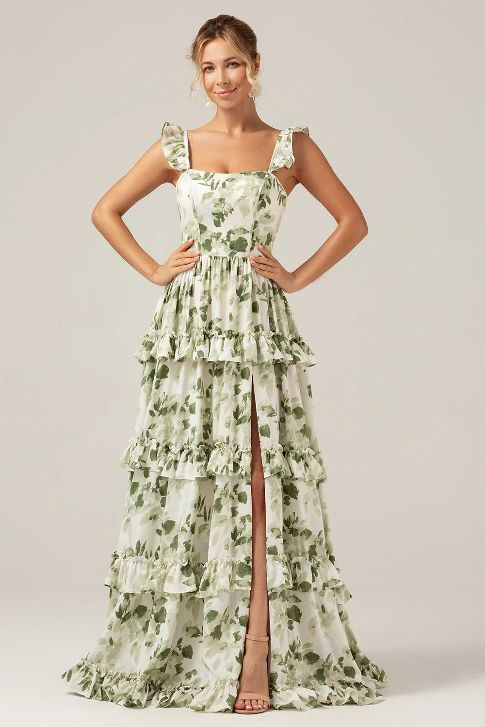 Green Flower A Line Printed Tiered Long Bridesmaid Dress With Slit