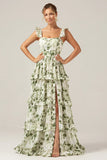 Green Flower A Line Printed Tiered Long Bridesmaid Dress With Slit