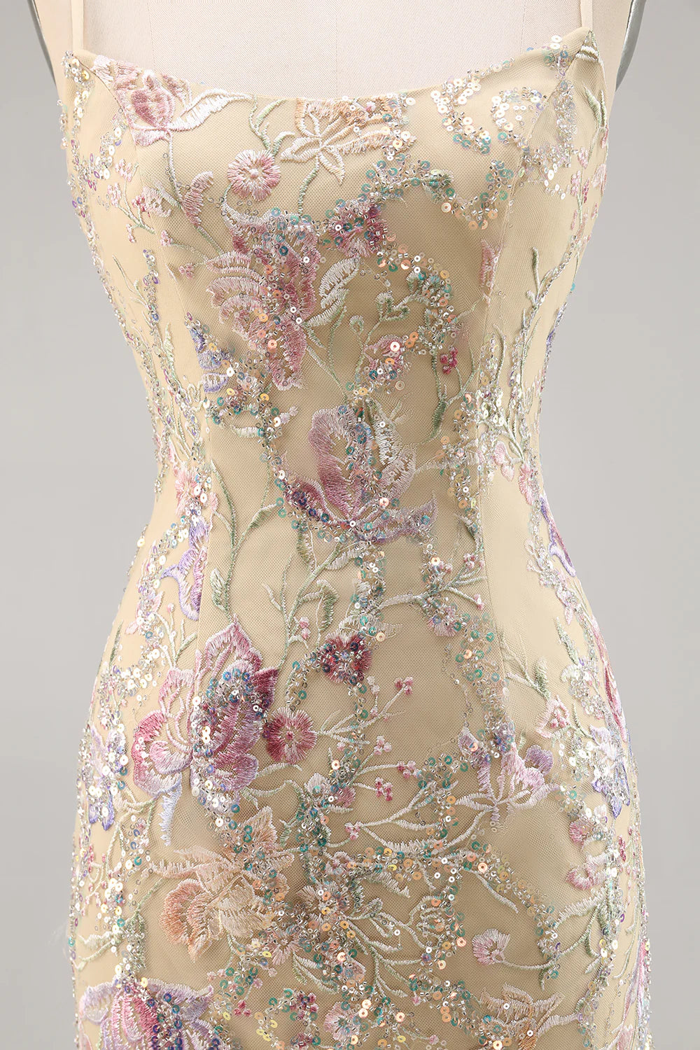 Apricot Spaghetti Straps Bodycon Sequins Homecoming Dress