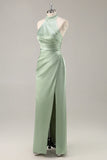 Sage Green Sheath Satin Ruched Backless Long Bridesmaid Dress with Slit