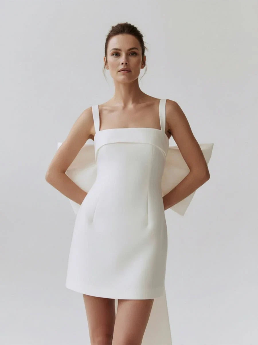 Square Neck White Satin Short Wedding Dress with Bow Back and Veil