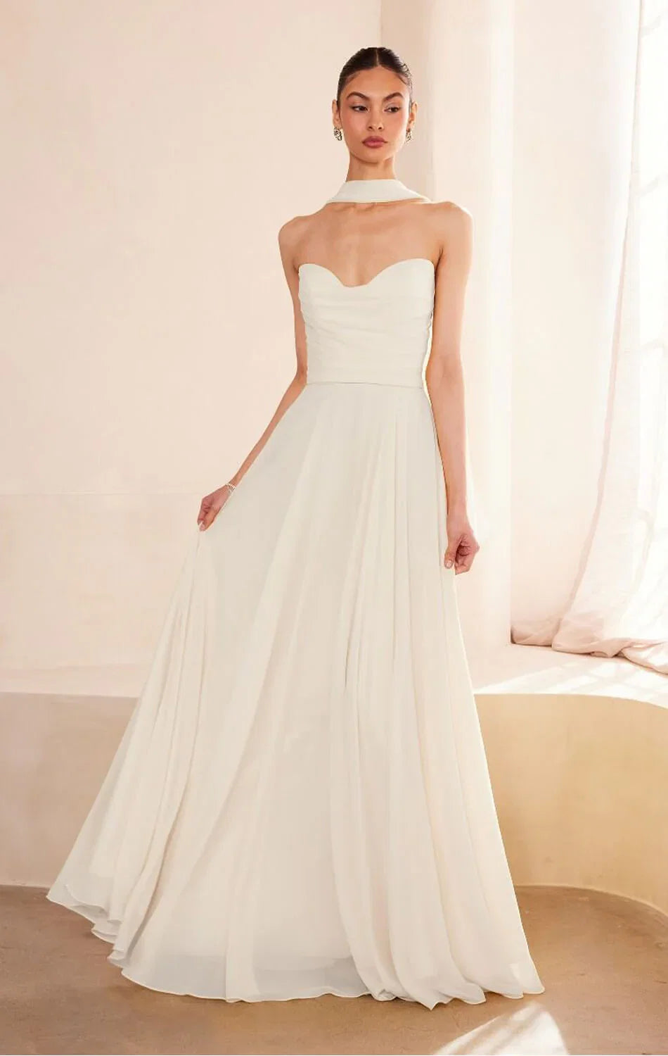 Ella Gown A line Strapless Chiffon Dress With Scarf Off White