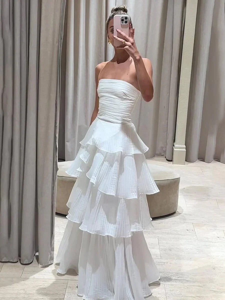 Cute A Line Chiffon Strapless Tiered Wedding Dresses
