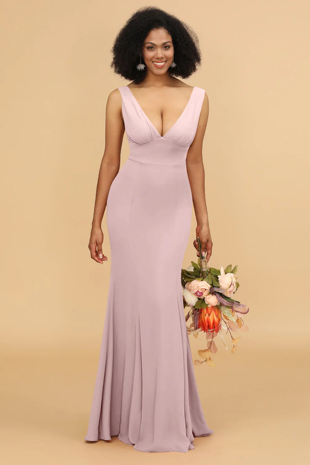 Mermaid V neck Open Back Long Chiffon Bridesmaid Dress With Ruffles