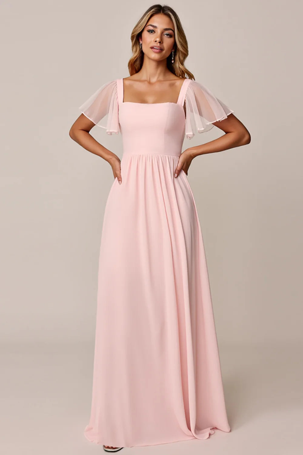 Candy Pink A Line Flutter Sleeves Long Bridesmaid Dress with Lace Up Back