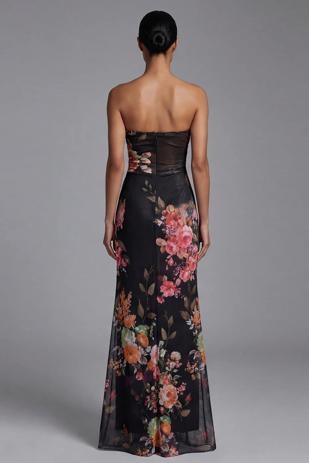 Strapless Mermaid Ruched Black Cut Out Floral Formal Dress