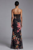 Strapless Mermaid Ruched Black Cut Out Floral Formal Dress
