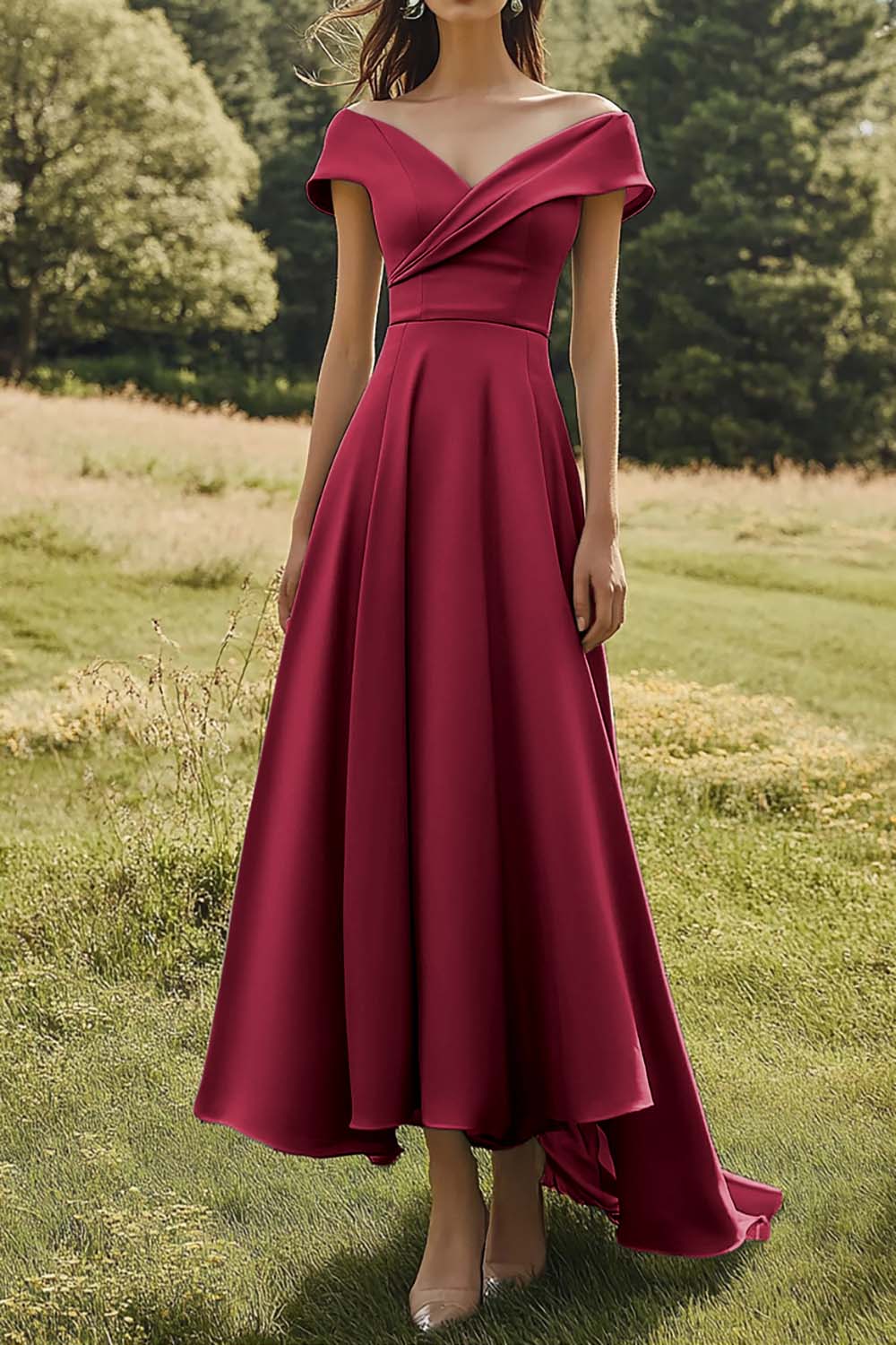 Off The Shoulder Sage Slim Formal Dress with Wide Hem
