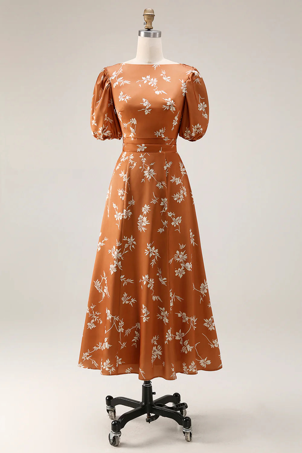 Orange Floral Printed A Line Midi Wedding Guest Dress with Short Sleeves