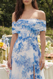 Off the Shoulder Ruched Blue Floral A Line Wedding Guest Dress with Slit