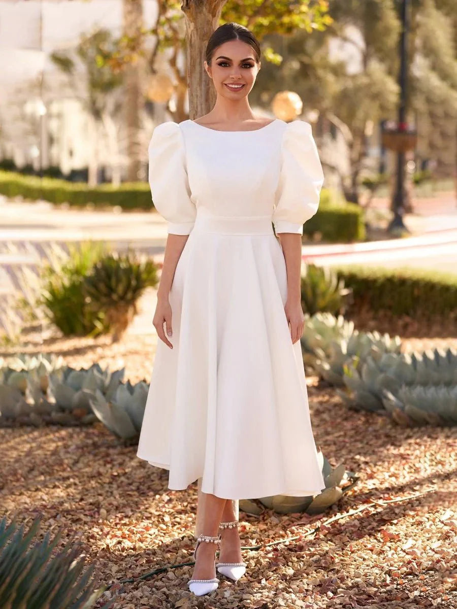 Elegant Bateau A Line Satin Knee length Wedding Dress