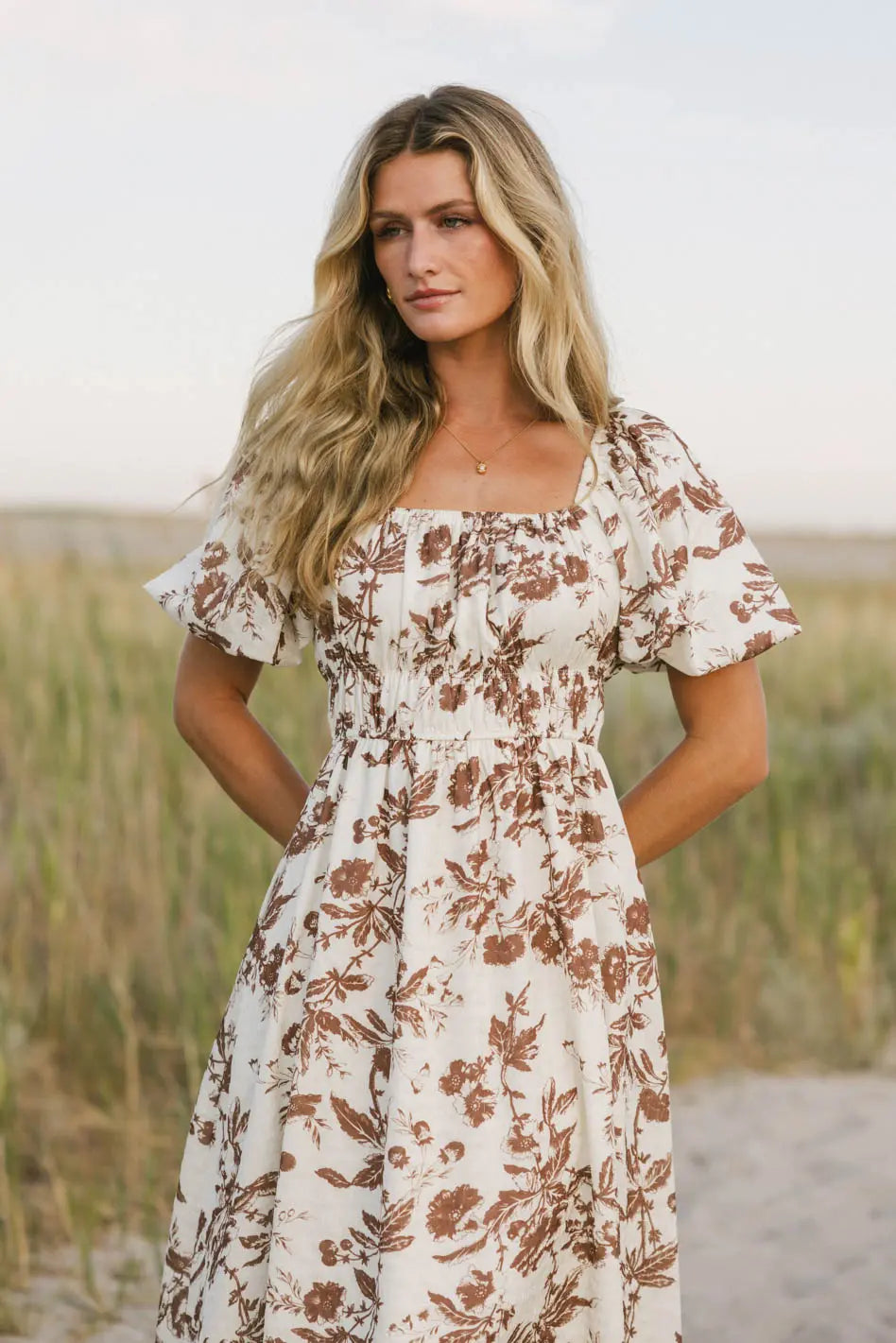 Dorothea Floral Midi Dress in Mocha FINAL SALE