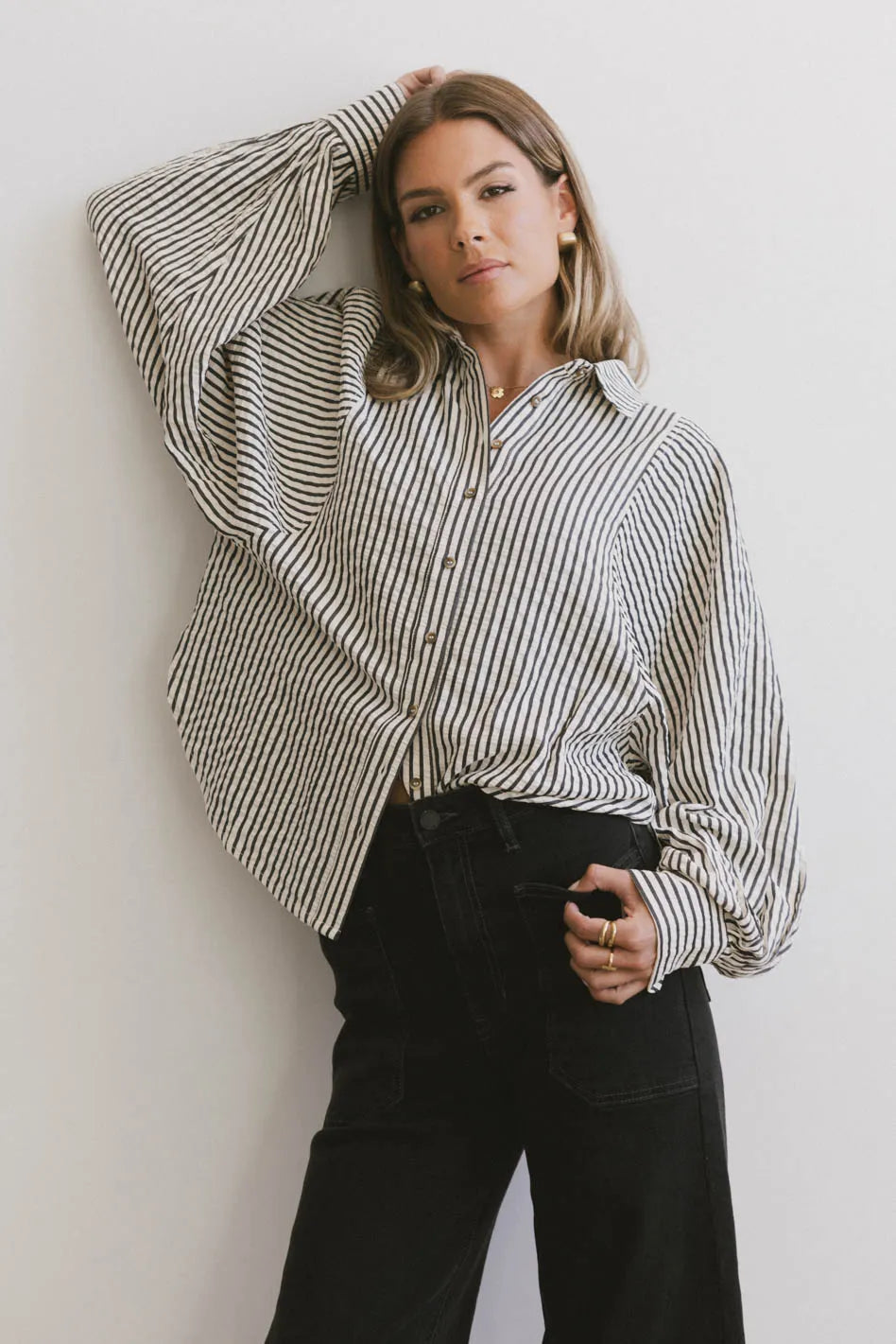 Niri Striped Button Up in Charcoal FINAL SALE