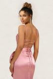 Blush Pink Mermaid Satin Bowed Long Bridesmaid Dress with Slit