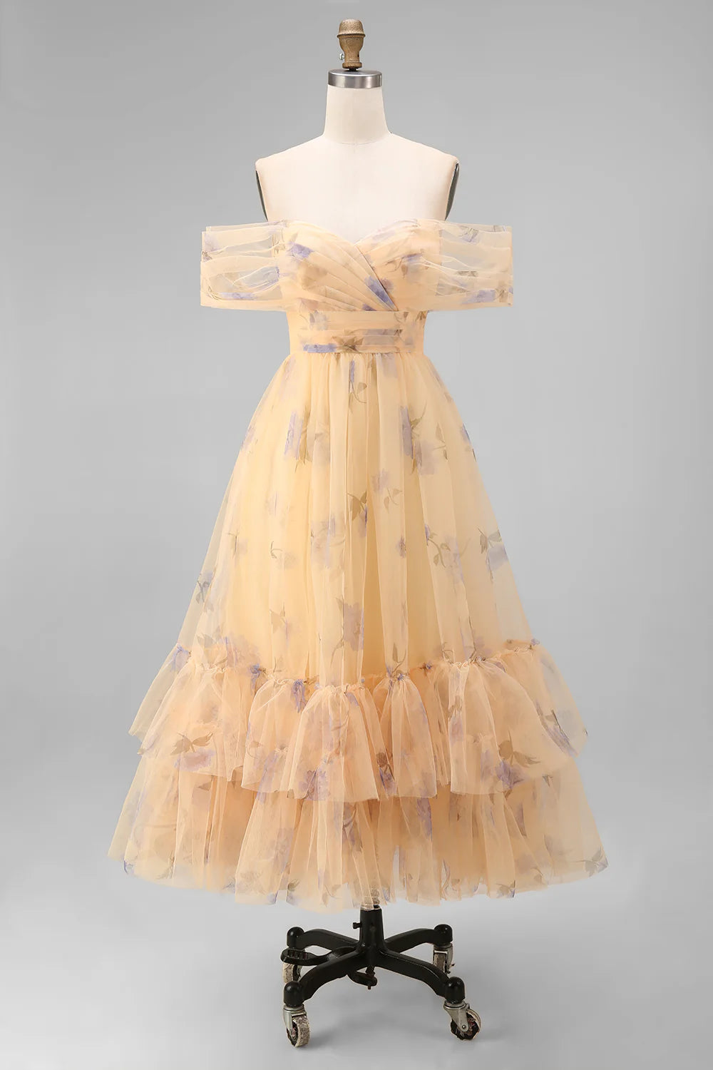 Yellow Floral Off the Shoulder Ruched A Line Wedding Guest Dress