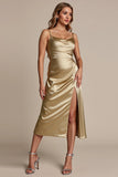 Gold Sheath Spaghetti Straps Cocktail Dress With Slit