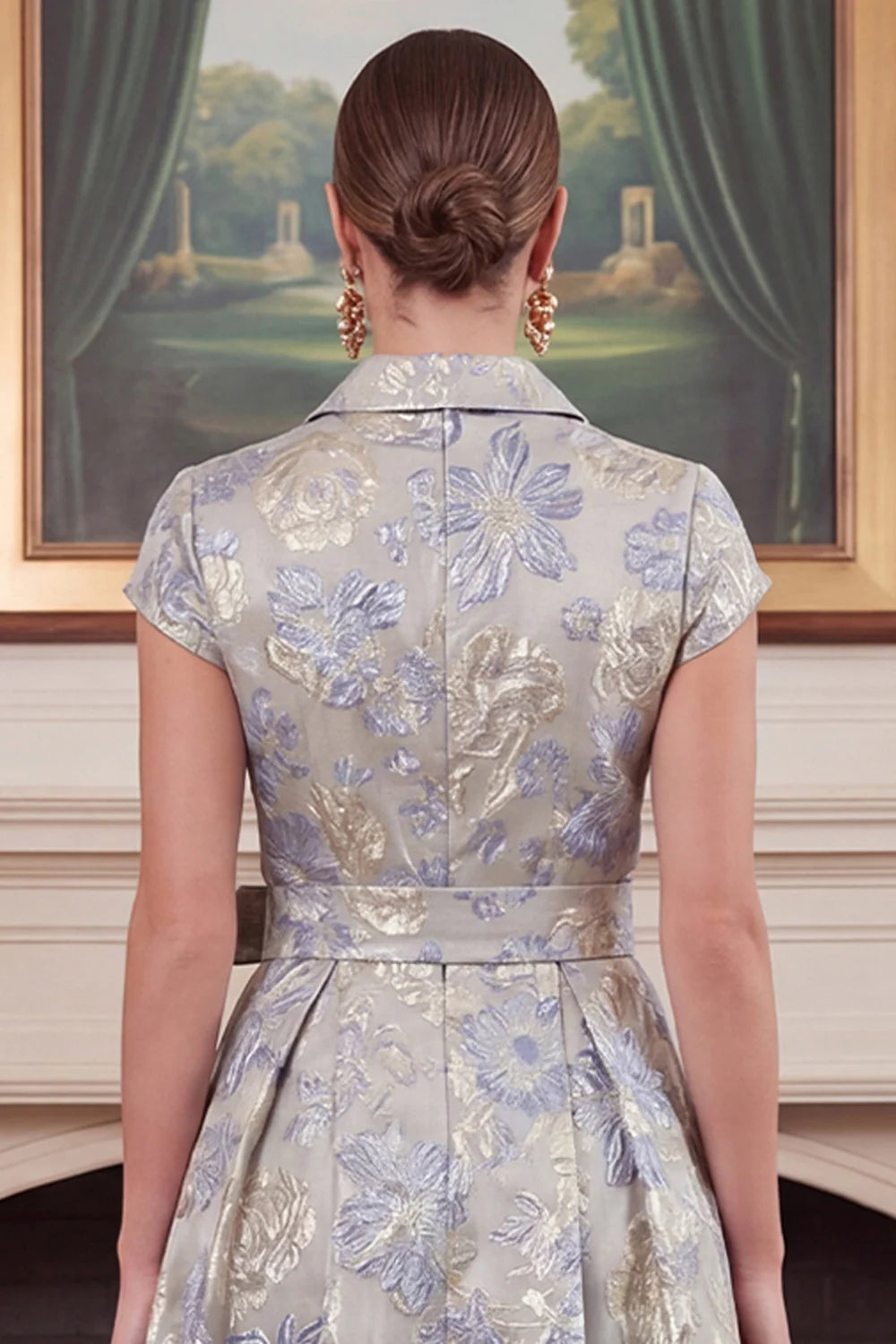 Dusty Blue A Line Floral Jacquard Midi Mother of the Bride Dress with Short Sleeves