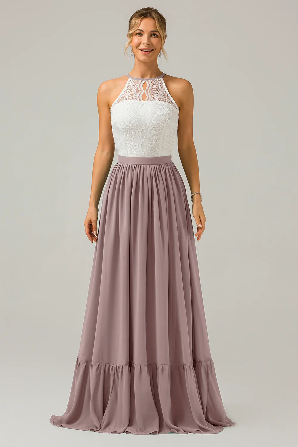 A Line Halter Pleated Keyhole Chiffon Bridesmaid Dress With Lace