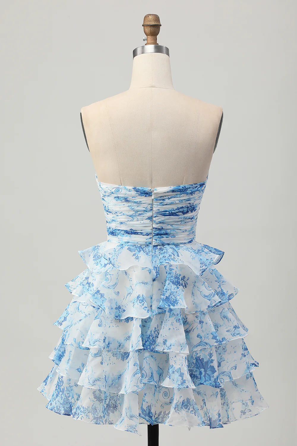 Strapless White Blue Flower A line Tiered Short Homecoming Dress with Bow