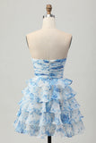 Strapless White Blue Flower A line Tiered Short Homecoming Dress with Bow