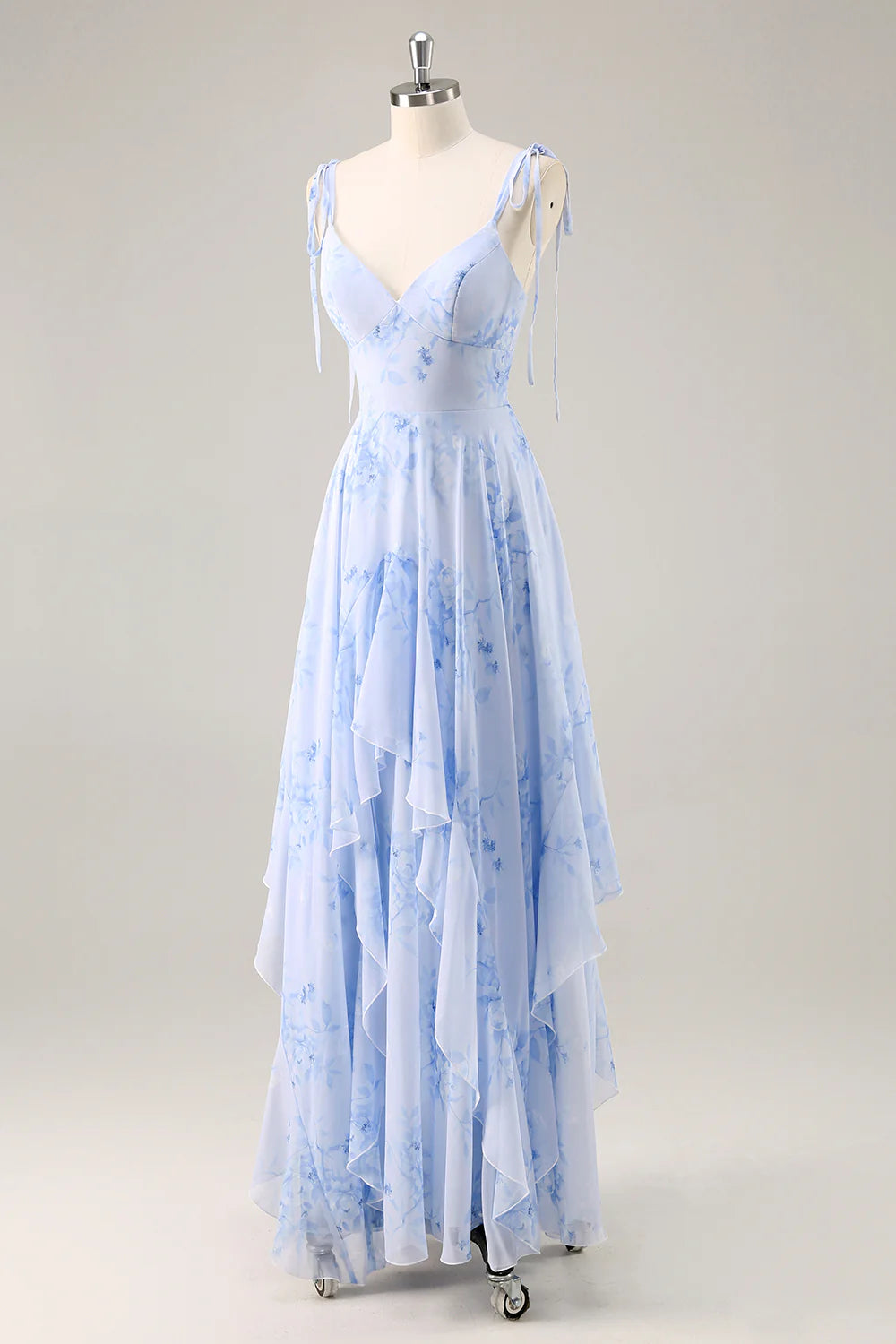 A Line Spaghetti Straps Long Blue Floral Bridesmaid Dress with Ruffles