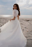 Charming A Line Square Neck Short Sleeves Wedding Dresses with Train