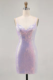 Sparkly Lilac Bodycon Spaghetti Straps Sequins Short Homecoming Dress