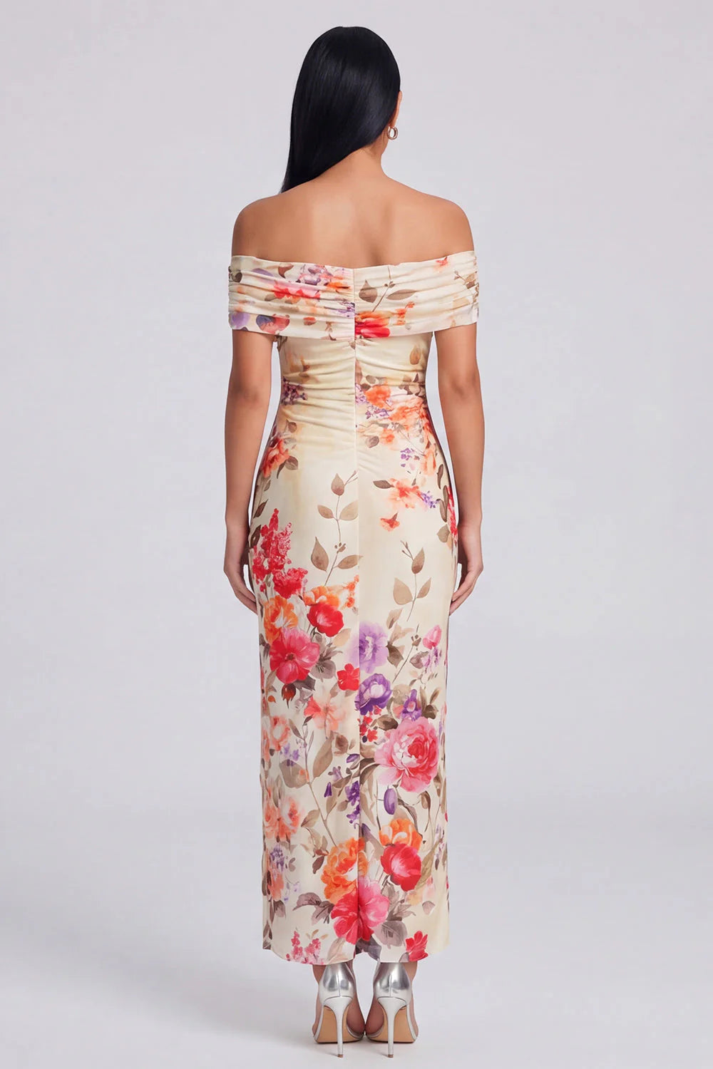 Off the Shoulder Ivory Sheath Floral Wedding Guest Dress