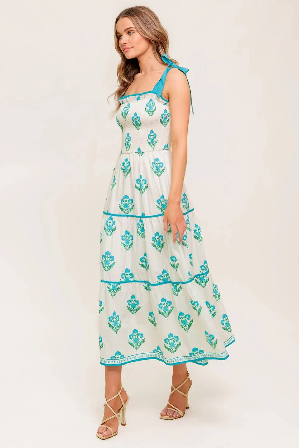 BEAUTY IN BLOOM BLUE TIE STRAP MIDI DRESS