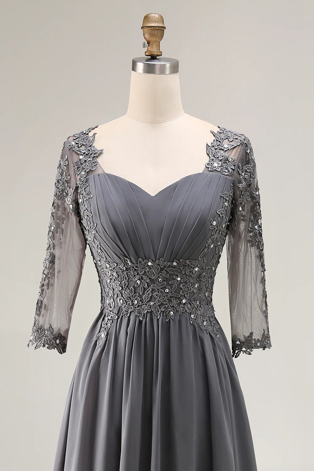 Steel Grey Appliqued A Line Half Sleeves Mother Of The Bride Dress with Back Keyhole