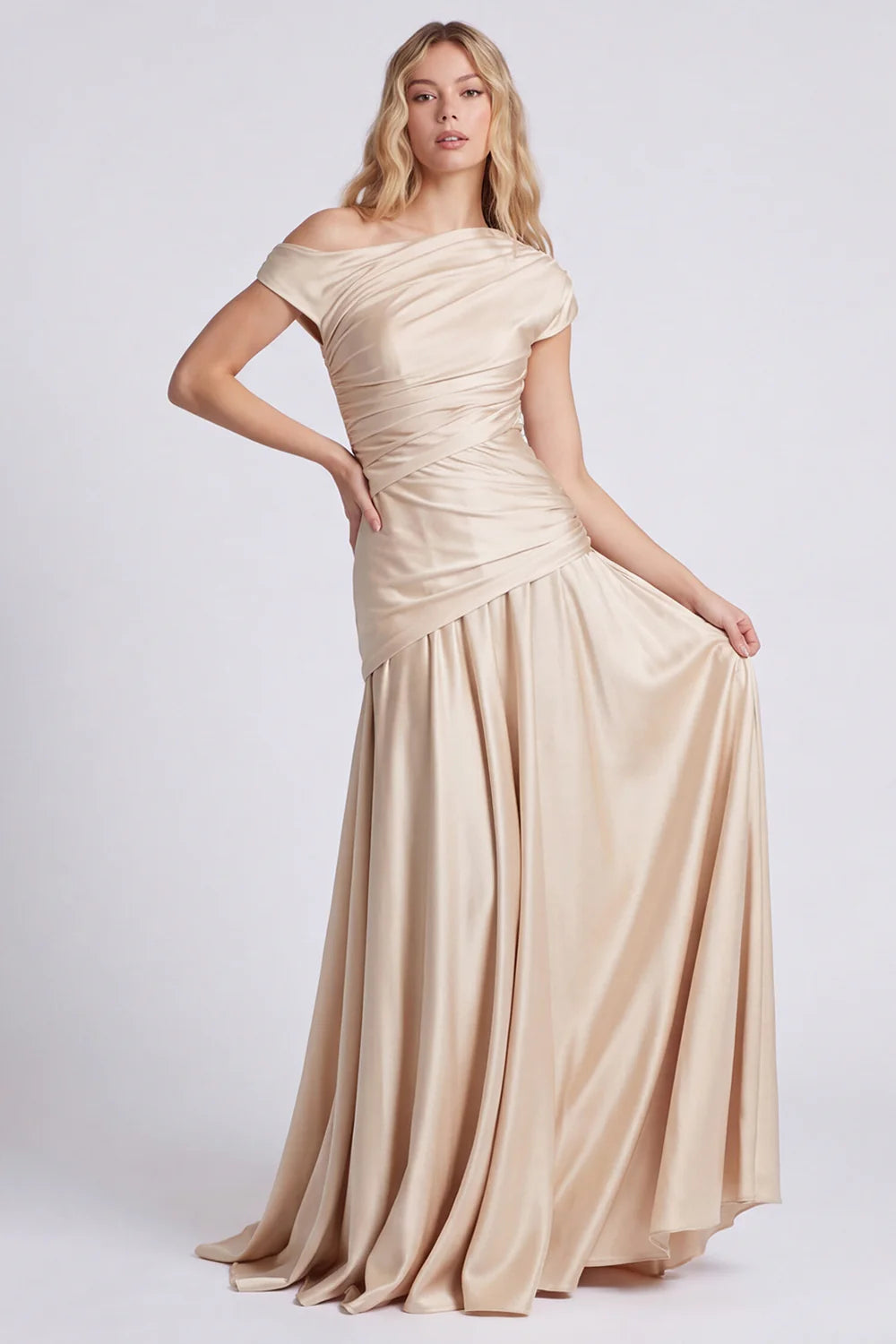 Off the Shoulder Champagne Ruched Satin Formal Dress