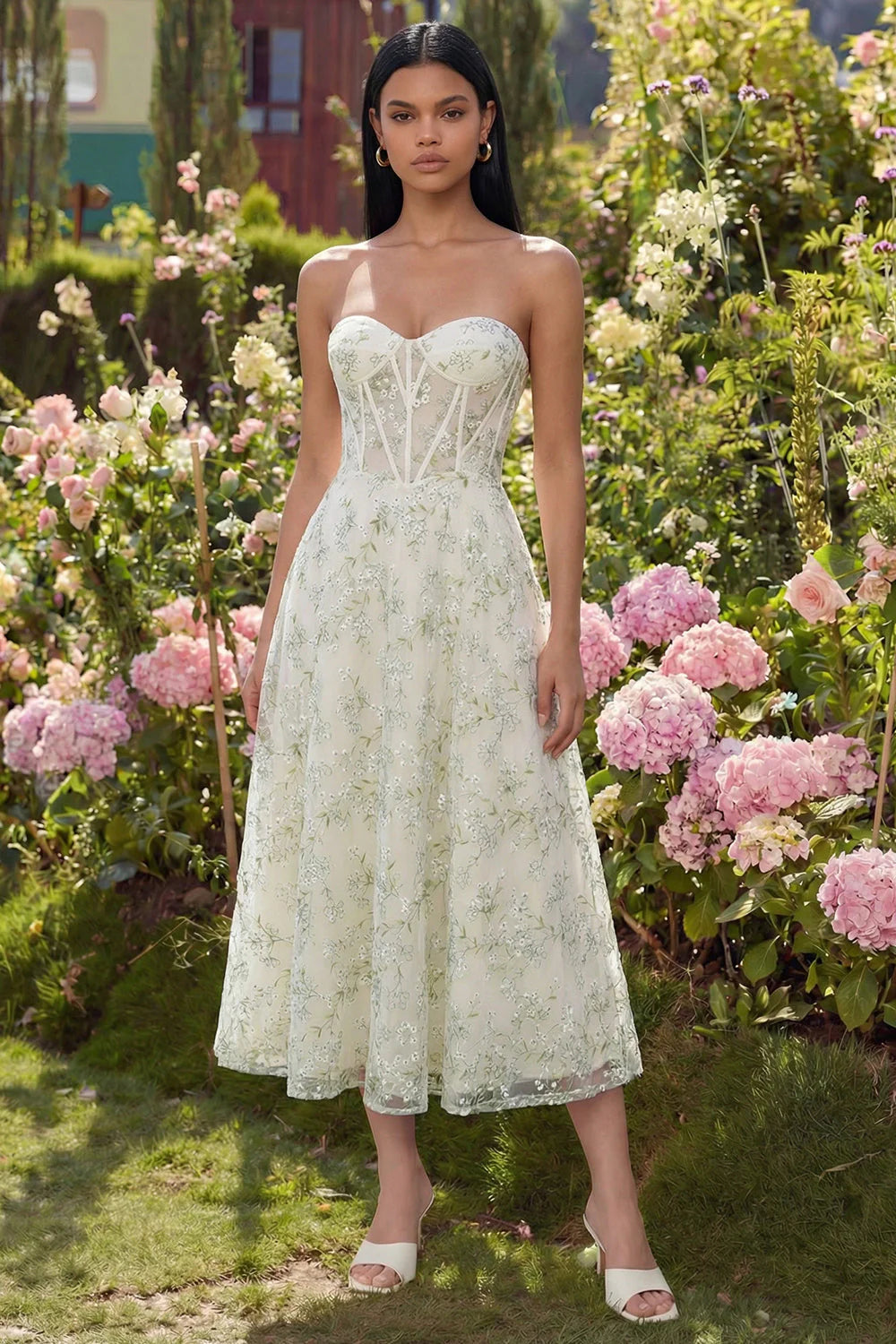Strapless Light Green Floral Corset A Line Midi Wedding Guest Dress