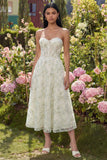 Strapless Light Green Floral Corset A Line Midi Wedding Guest Dress