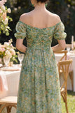 Off the Shoulder Floral Dusty Green Wedding Guest Dress with Puff Sleeves