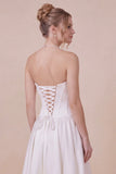 White Satin A Line Corset Midi Dress with Lace up Back
