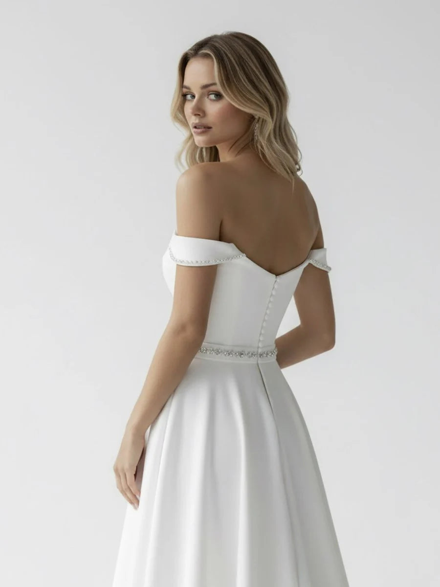 A Line Off the Shoulder Beaded Wedding Dress
