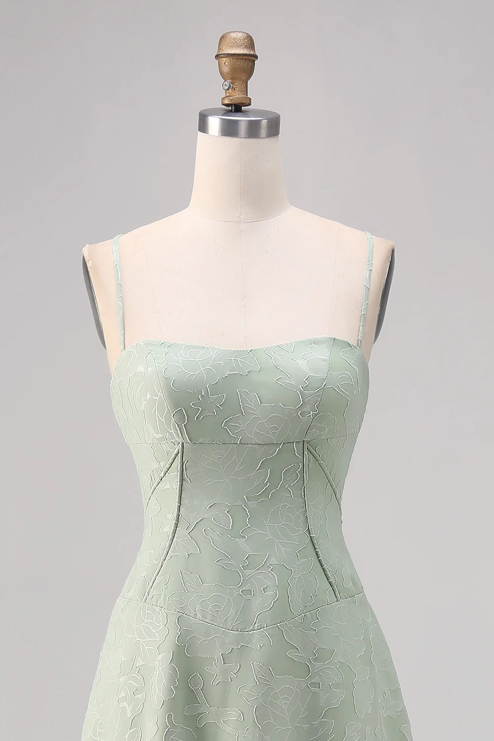 Sage Green A Line Spaghetti Straps Floral Burnout Bridesmaid Dress