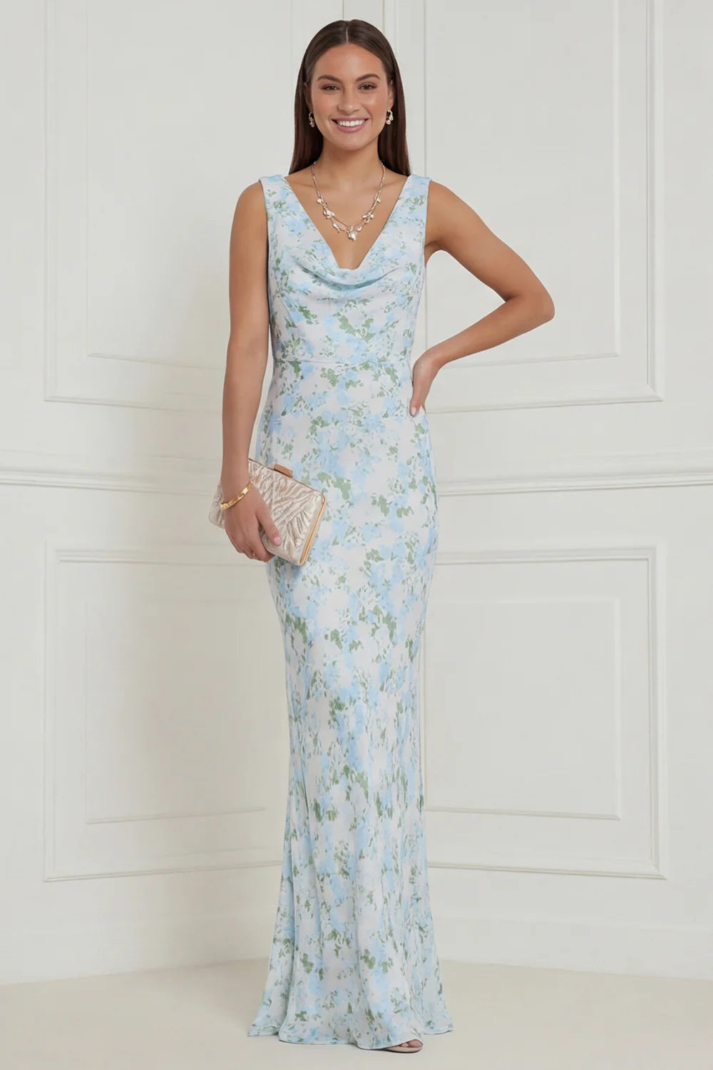 Floral Printed Blue White V Neck Mermaid Long Bridesmaid Dress