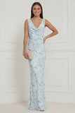 Floral Printed Blue White V Neck Mermaid Long Bridesmaid Dress