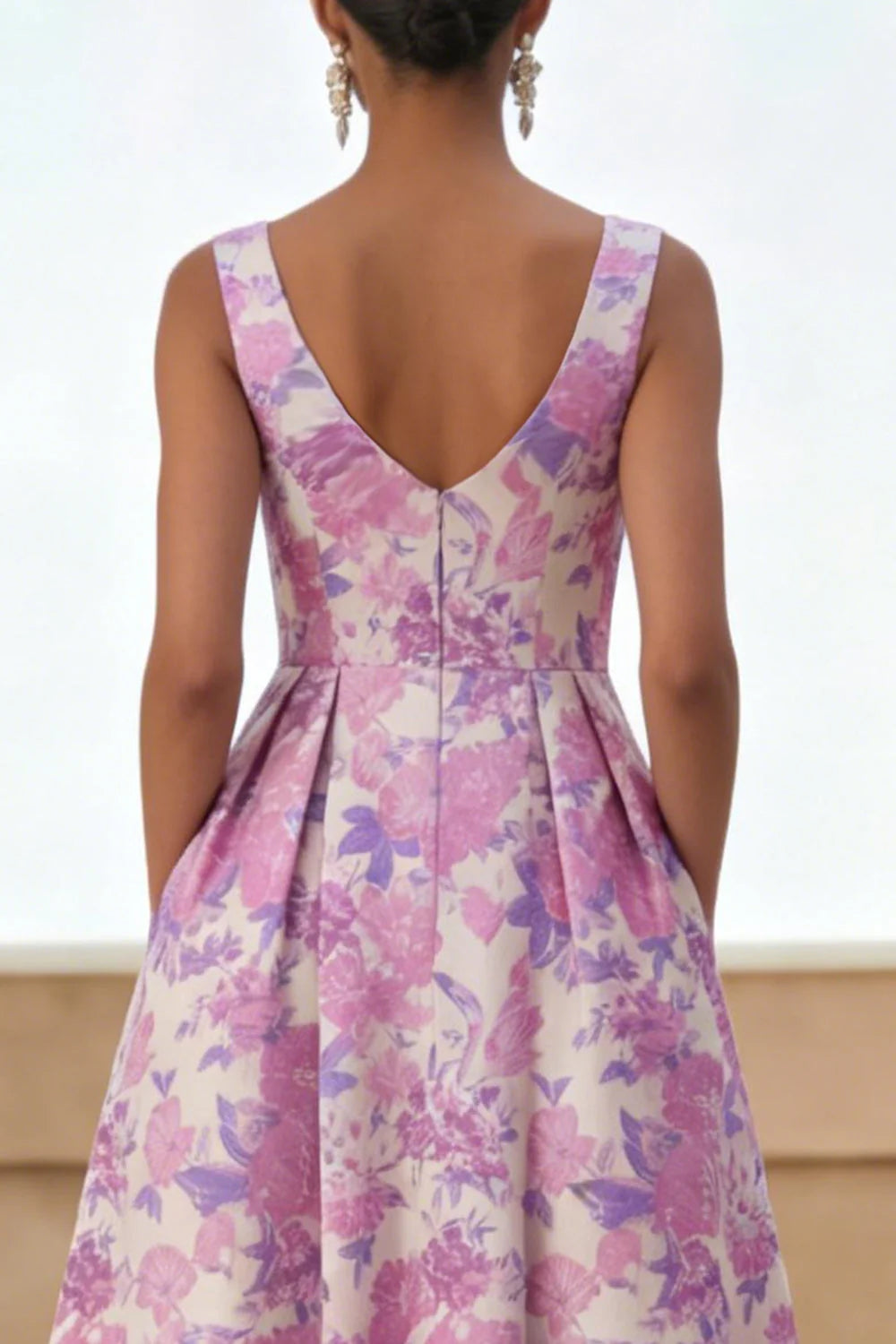 Lilac Flower A Line Scoop Neck Midi Wedding Guest Dress