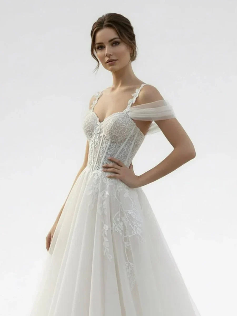 A Line Off The Shoulder Tulle Wedding Dresses With Appliques Lace