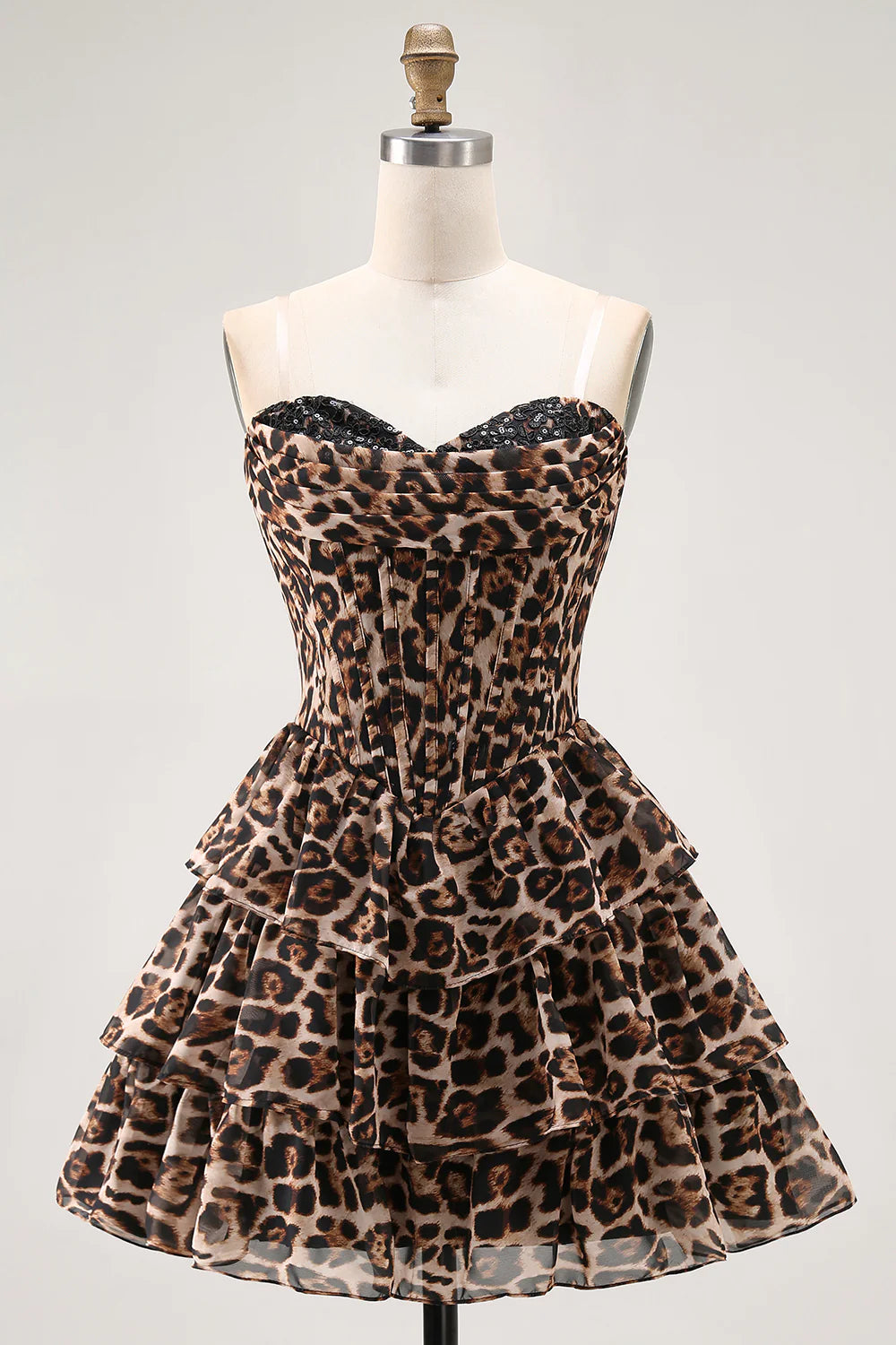 Brown Leopard Strapless Ruffled A Line Corset Mini Homecoming Dress