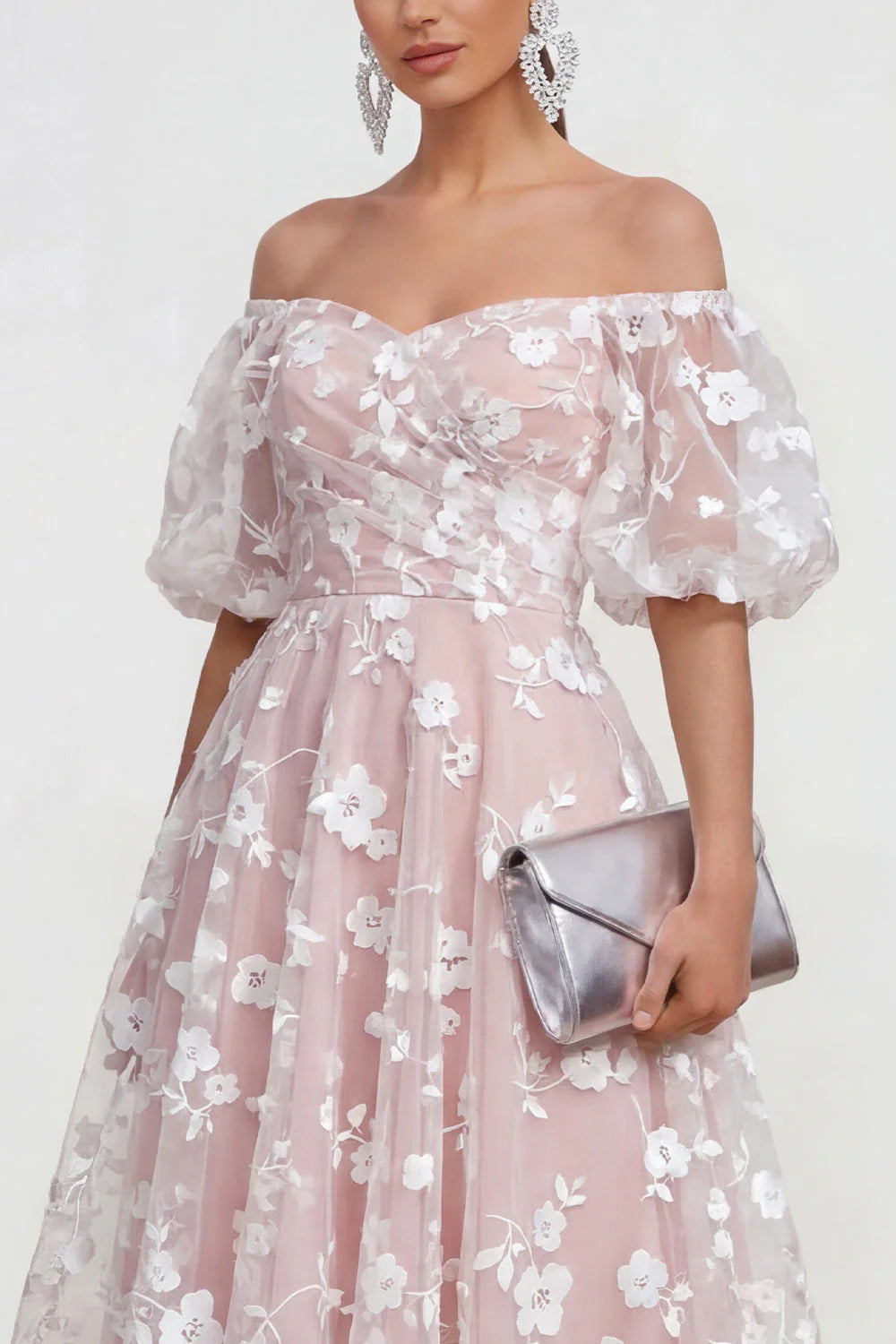Off the Shoulder Floral Lilac Ruched A Line Wedding Guest Dress